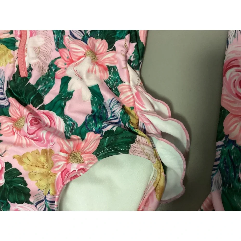 Tame the Sun Swimsuit Kids 7 Pink‎ Floral Long Sleeve Ruffles Tropical